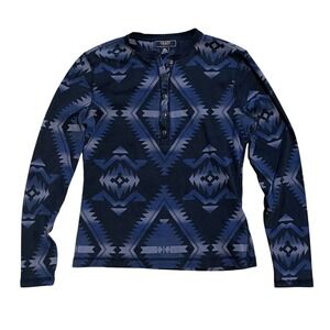 Chaps Denim Womens XS Navy Blue Aztec Southwestern Print Henley Long Sleeve Top